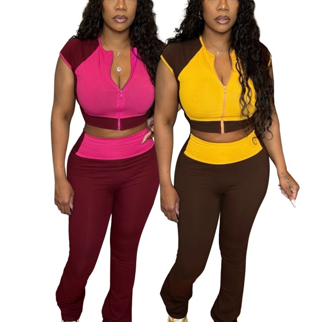 HR25019 European and American fashion women's clothing, color-blocked round-neck short-sleeve high-waisted micro-flared two-piece pants suit