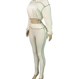 HR25033 European and American fashion women's sexy elastic buckle waist-cinching off-shoulder sleeve tight-fitting long pants two-piece set for women