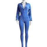 HR24102 European and American fashion women's clothing, washed and distressed, sexy deep V tight-fitting long-sleeve autumn and winter jumpsuit