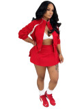HR26012 European and American women's fashion long-sleeve zippered color-block stand-up collar jacket and drawstring pleated skirt-pants two-piece set for women