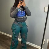 HR88009 European and American women's clothing, stretch fabric, trendy multi-pocket wide-fit spray-painted denim straight-leg work pants