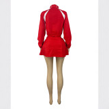 HR26012 European and American women's fashion long-sleeve zippered color-block stand-up collar jacket and drawstring pleated skirt-pants two-piece set for women