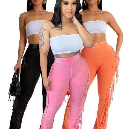 HR24049 European and American casual women's clothing, cotton washed distressed fringed stretchy slim-fit flared pants