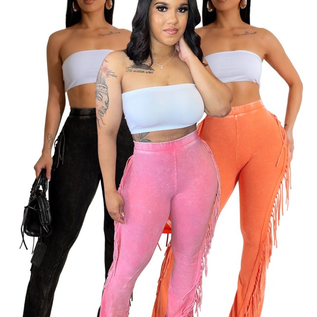 HR24049 European and American casual women's clothing, cotton washed distressed fringed stretchy slim-fit flared pants