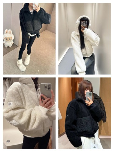 In stock: 2025 winter new lamb wool stand-up collar zip-up short jacket, fleece-lined, warm, sporty casual top