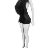 HR25026 European and American fashion casual women's clothing Elegant furry deep V halter neck sexy fashion jumpsuit shorts for women