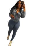 HR25089 European and American fashion women's clothing, washed zipper hooded fleece top and yoga pants sports casual two-piece set