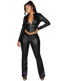 HR25059 European and American fashion women's slim-fit zippered stretch leather jacket and casual micro-flared pants two-piece set for women