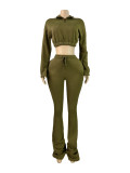 HR25069 European and American fashion women's half-zip cropped fleece sweatshirt and flared long pants casual two-piece set