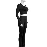 HR24046 European and American women's basic solid color short top, high-waisted micro-flared sports casual three-piece suit