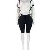 HR25023 European and American fashion women's clothing, color-blocking drawstring waist, zippered cropped top, long-sleeved cardigan and mid-length pants set