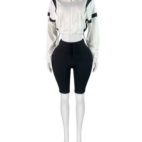 HR25023 European and American fashion women's clothing, color-blocking drawstring waist, zippered cropped top, long-sleeved cardigan and mid-length pants set