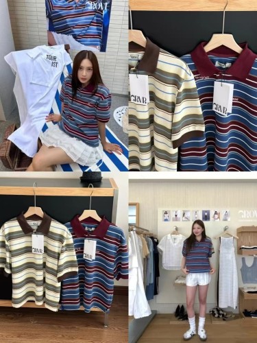 In-stock Korean niche Grove color-block striped polo short-sleeve shirt with small collar, American retro style, versatile top