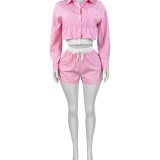 HR25028 European and American fashion women's clothing, striped shirt with a turn-down collar, long-sleeved, elastic-waisted shorts, two-piece set