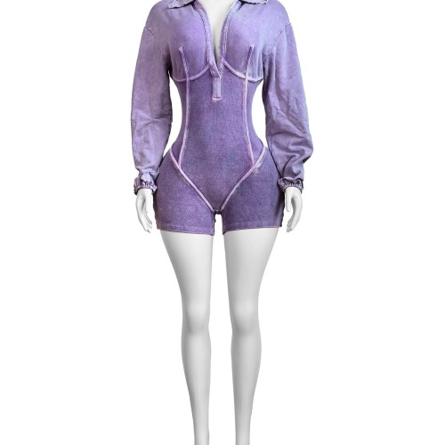 HR24031 European and American women's clothing, classic washed distressed style, collared deep V-neck tight-fitting long-sleeve jumpsuit