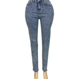 HR88028 European and American fashion women's clothing, cross-border supply, rhinestone embellished slim-fit pocket ripped raw edge denim jeans