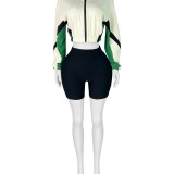 HR25022 European and American fashion women's outfit with color-blocking, zipper, long sleeves, slim-fit shorts, two-piece sports set for women