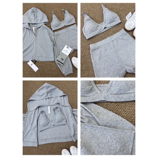 2025 Autumn Letter Print Yoga Sports Fitness Three-Piece Set: Sweatshirt, Cardigan, Short Camisole, Korean Style Short Sleeve