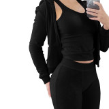 HR8235 European and American women's clothing, best-selling item on the international platform, new autumn and winter collection, double-sided fleece vest with hood, three-piece set