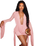 HR26101 European and American fashion women's dress, mesh see-through deep V-neck, open back, bell sleeves, bodycon dress