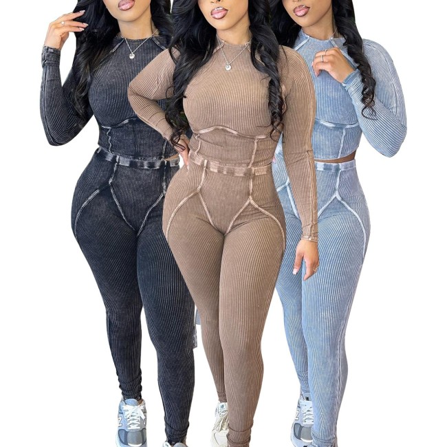 HR24043 European and American casual women's clothing, autumn and winter style, cotton ribbed washed distressed tight-fitting suit
