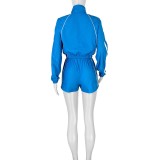 HR25020 European and American women's clothing, sexy hot girl long-sleeve zippered two-piece set with contrasting color webbing shorts