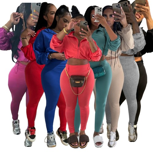HR24059 European and American women's clothing, cross-border sexy drawstring waist-cinching crop top and high-waisted tight-fitting pants two-piece set