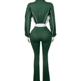 HR25018 European and American fashion women's clothing, two-tone contrast ribbed zipper micro-flared two-piece pants set