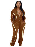 HR25039 European and American fashion women's striped patchwork color-blocking zip-up collar top and wide-leg long pants two-piece set