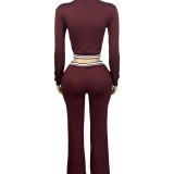 HR25056 European and American fashion women's clothing, collared half-zip drawstring wide-leg pants casual sports two-piece set for women