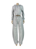 HR25072 European and American fashion women's casual thick rope tie-up hooded top and wide-leg long pants two-piece set for women