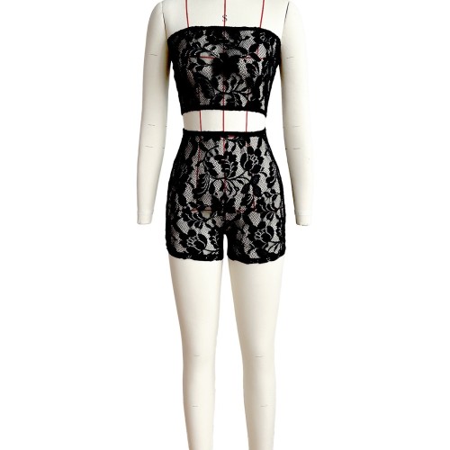 HR24018 European and American women's clothing, sexy semi-transparent lace tube top and shorts two-piece set (fixed price)