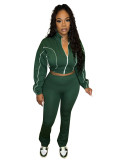 HR25018 European and American fashion women's clothing, two-tone contrast ribbed zipper micro-flared two-piece pants set