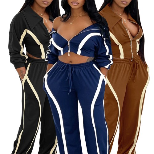 HR25039 European and American fashion women's striped patchwork color-blocking zip-up collar top and wide-leg long pants two-piece set