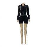 HR26081 European and American fashion women's clothing, washed zipper hooded fleece top and distressed shorts sports two-piece set