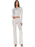HR25071 European and American fashion women's clothing cross-border supply printed hooded long-sleeve thumb-hole micro-flare two-piece set