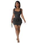 HR24030 European and American women's clothing, super elastic twisted stripe jumpsuit + utility pocket short skirt set