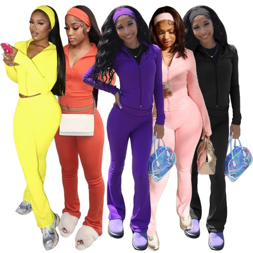HR25053 European and American fashion women's zip-up cardigan with foldable waist, slightly flared, fleece-lined two-piece set (includes headscarf)