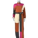 HR24067 European and American sports casual women's clothing, cross-border supply, color-blocked, contrasting color, waist-cinching two-piece set