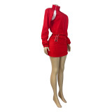 HR26012 European and American women's fashion long-sleeve zippered color-block stand-up collar jacket and drawstring pleated skirt-pants two-piece set for women