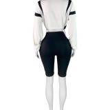 HR25023 European and American fashion women's clothing, color-blocking drawstring waist, zippered cropped top, long-sleeved cardigan and mid-length pants set