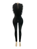 HR25058 European and American fashion casual women's clothing Elegant feather deep V halter neck stretch satin jumpsuit for women