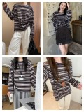 In-stock 2025 Spring and Autumn Base Shirt erume Card Korean Style Casual Color-Block Striped Round Neck Loose Long Sleeve Top for Women
