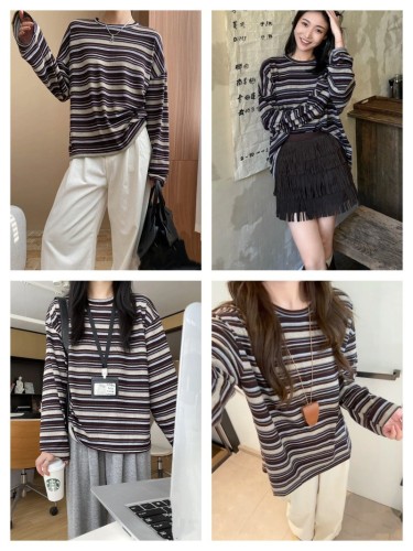 In-stock 2025 Spring and Autumn Base Shirt erume Card Korean Style Casual Color-Block Striped Round Neck Loose Long Sleeve Top for Women