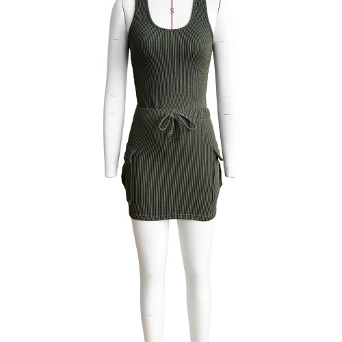 HR24030 European and American women's clothing, super elastic twisted stripe jumpsuit + utility pocket short skirt set
