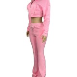 HR25057 European and American fashion women's fleece-lined hoodie cardigan and slim-fit stacked flared pants two-piece set