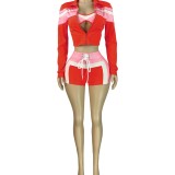 HR25029 European and American fashion women's three-piece set: printed patchwork long-sleeve off-shoulder top with straps and hot pants