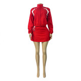 HR26012 European and American women's fashion long-sleeve zippered color-block stand-up collar jacket and drawstring pleated skirt-pants two-piece set for women