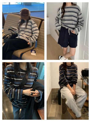 25 Spring and Autumn Lazy Korean Style Retro Long Sleeve evermore Striped T-shirt Casual Loose Fit Zhao Lusi Same Style