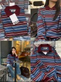 In-stock Korean niche Grove POLO collar color-blocked striped long-sleeve women's T-shirt with a stylish and casual design